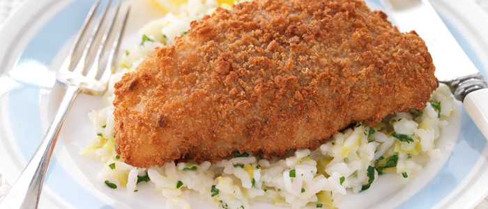 Crumbed Hoki with a Lemon and Herb Risotto