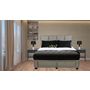 Boxy custom upholstered bed with choice of storage base