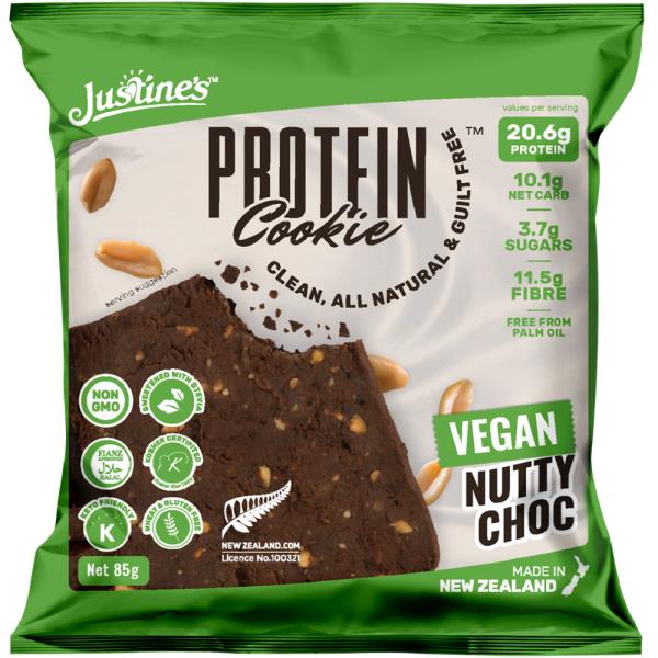 Justine's Box Of 12 X 85g Vegan Nutty Choc Keto Friendly Protein Cookie