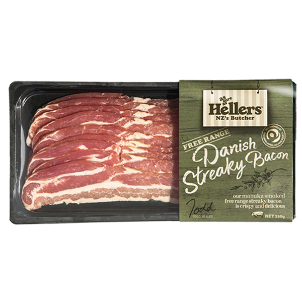 Hellers Free Range Danish Streaky Bacon 250g