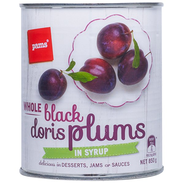 Pams Whole Black Doris Plums In Syrup 850g