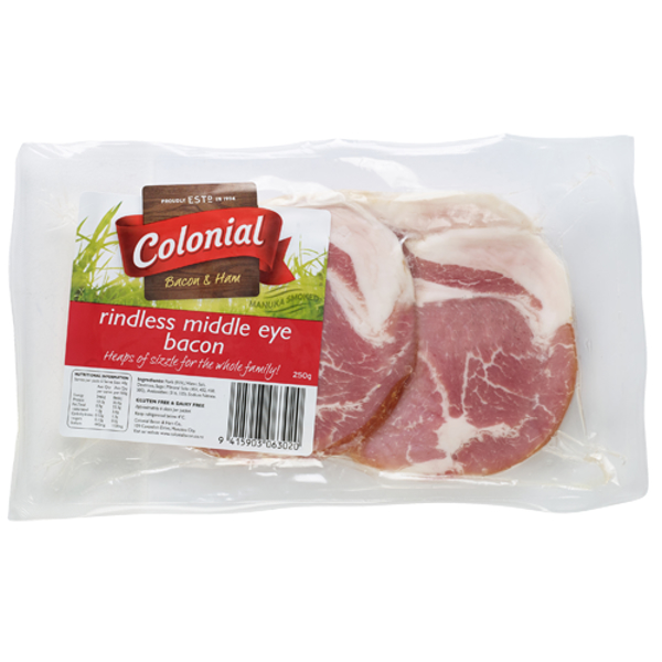 Colonial Middle Eye Rindless Bacon 250g