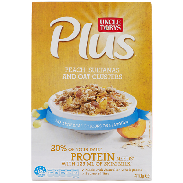 Uncle Tobys Plus Protein Peach Sultanas And Oat Clusters Breakfast Cereal 410g