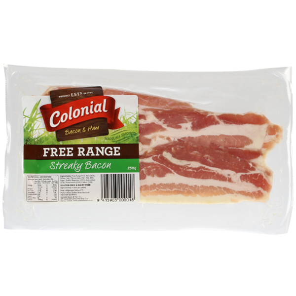 Colonial Free Range Streaky Bacon 250g
