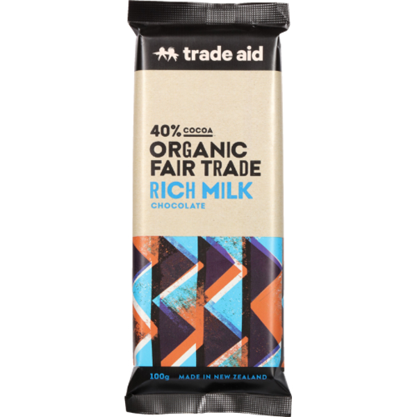 Trade Aid Organic Fair Trade 40% Cocoa Rich Milk Chocolate Block 100g