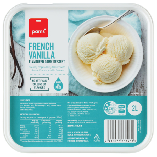 Pams French Vanilla Frozen Dairy Dessert 2l