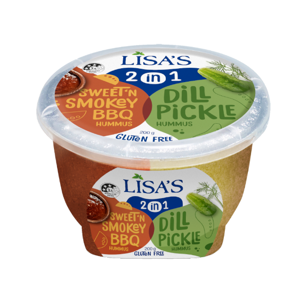Lisas Lisa's 2 in 1 Sweet 'N Smokey BBQ & Dill Pickle Hummus 200g