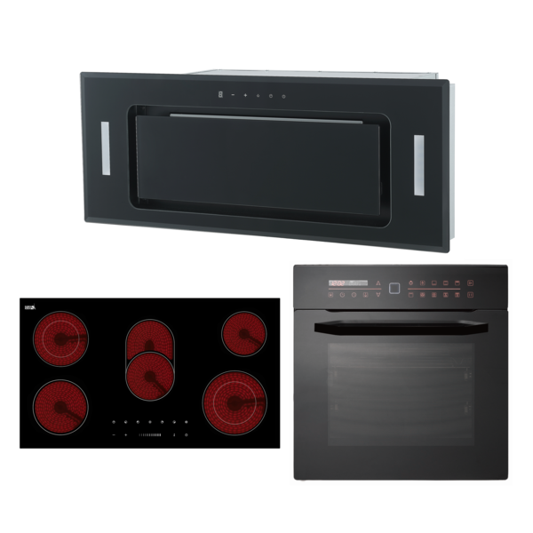 Premium Black 90cm Package Oven, Ceramic Cooktop and Rangehood PACK
